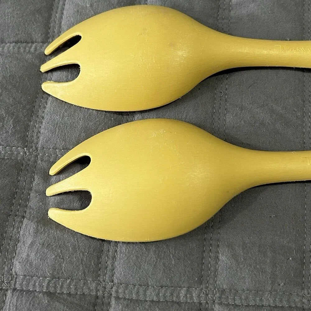 Vintage Tupperware Salad Serving Utensils 12'' Fork Spoon Set of 2 Harvest Gold